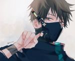  1boy artist_name black_mask brown_hair hand_up jacket looking_at_viewer male_focus mask original piercing shijima_tohiro simple_background upper_body white_background wristband 