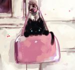  animal animal_focus bag black_cat blue_eyes blurry cat chromatic_aberration depth_of_field doorknob film_grain fluffy handbag hands_up in_container kitten looking_at_viewer moricky no_humans original pink_bag solo 