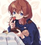  1girl blue_legwear blue_sweater brown_hair cake cake_slice chocolate_cake closed_mouth expressionless food food_on_face fruit fruit_background hand_up holding holding_food holding_fruit ka_(marukogedago) looking_at_viewer low_twintails medium_hair original pantyhose purple_eyes sitting solo strawberry striped striped_legwear sweater twintails 