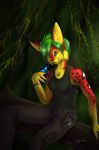  2014 5_fingers anthro arthropod breasts butterfly clothed clothing digital_media_(artwork) duo felid feline female fingers fur green_eyes green_hair green_nose hair hi_res insect lepidopteran lynjox lynx lynxyjones mammal red_body red_fur sitting smile yellow_body yellow_fur 