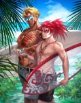  2boys abs alternate_costume bangs bara bare_chest beach beowulf_(fate/grand_order) black_eyes blonde_hair carrying_under_arm chest chinese_clothes fate/grand_order fate_(series) feet_out_of_frame highres holding holding_surfboard li_shuwen_(fate) long_hair male_swimwear multiple_boys muscle navel nipples parted_bangs plant ponytail red_eyes red_hair renga2250 scar shell shirtless short_hair spiked_hair sunglasses surfboard swim_briefs swimwear toned toned_male tree 