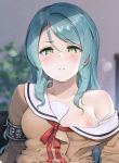  1girl armband bang_dream! bangs blurry blurry_background bra bra_strap breasts closed_mouth eyebrows_visible_through_hair frown green_eyes green_hair hair_strand hanasakigawa_school_uniform highres hikawa_sayo indoors long_hair long_sleeves looking_at_viewer medium_breasts neck_ribbon nipples off_shoulder one_breast_out red_ribbon ribbon safety_pin sailor_collar school_uniform sidelocks solo strap_slip sweat swept_bangs toruneko underwear upper_body 