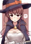  1girl black_cape black_headwear blouse breasts brown_eyes brown_hair cape cleavage commentary_request hat highres kantai_collection long_hair looking_at_viewer medium_breasts ooi_(kantai_collection) solo soramuko torpedo upper_body white_blouse witch_hat 