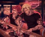  2boys alternate_costume bangs beowulf_(fate/grand_order) black_eyes black_shirt blonde_hair casual chest chinese_clothes closed_eyes cup drinking_glass eating fate/grand_order fate_(series) food fork knife li_shuwen_(fate) long_hair meat multiple_boys muscle parted_bangs ponytail red_eyes red_hair renga2250 scar shirt short_hair short_sleeves shoulder_tattoo skull_necklace spiked_hair tattoo toned toned_male upper_body 