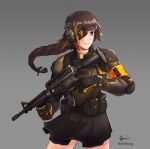  1girl anhdang assault_rifle belt_pouch black_gloves black_skirt braid brown_eyes brown_hair bulletproof_vest character_request closed_mouth commentary cowboy_shot english_commentary eyepatch floating_hair girls_frontline gloves grey_background gun holding holding_gun holding_weapon long_hair miniskirt mole mole_under_eye multicolored_hair one_eye_covered orange_hair pouch rifle simple_background single_braid skirt smile solo streaked_hair trigger_discipline weapon weapon_request 