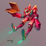  anhdang artist_name box commentary english_commentary food grey_background holding holding_box jet_engine mecha no_humans original pizza pizza_box robot signature simple_background 