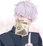  1boy artist_name black_nails hair_between_eyes hand_up highres looking_at_viewer male_focus mask original shijima_tohiro silver_eyes silver_hair simple_background upper_body 