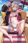  1girl artoria_pendragon_(all) artoria_pendragon_(swimsuit_rider_alter) barefoot bikini black_bikini black_swimsuit blue_dress braid breasts censored cleavage cleavage_cutout clothing_cutout dress fate/grand_order fate_(series) feet french_braid maid_bikini maid_headdress nipples pussy saber_alter swimsuit thighs yellow_eyes yuli_you_gua 