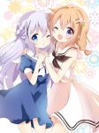  2girls ;d ;o bangs bare_arms bare_shoulders black_neckwear blue_dress blue_eyes blue_hair blush bow braid commentary_request dress eyebrows_visible_through_hair floral_background gochuumon_wa_usagi_desu_ka? hair_between_eyes hair_ornament hairclip hand_on_another&#039;s_shoulder highres holding_hands hoto_cocoa interlocked_fingers kafuu_chino long_hair looking_at_viewer massala multiple_girls neckerchief one_eye_closed open_mouth parted_lips puffy_short_sleeves puffy_sleeves purple_eyes sailor_collar sailor_dress short_sleeves sleeveless sleeveless_dress smile very_long_hair white_background white_bow white_dress white_sailor_collar x_hair_ornament 