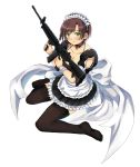  1girl breasts brown_hair cleavage garimpeiro gun highres holding holding_gun holding_weapon looking_up maid maid_headdress original rifle seiza sitting smile soles solo thighhighs weapon white_background 