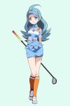  1girl ahoge arms_behind_back blue_eyes blue_hair blue_skirt breasts closed_mouth collared_shirt commentary frown full_body golf_club head_tilt holding_golf_club kahili_(pokemon) light_blue_background looking_at_viewer mole mole_under_eye orange_legwear pokemon pokemon_(game) pokemon_sm shirt short_sleeves simple_background skirt small_breasts socks solo standing striped striped_shirt tsukishiro_saika visor_cap 