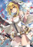  1girl ahoge blonde_hair breasts bridal_veil cleavage commentary_request denpajin-ryuushi eyebrows_visible_through_hair fate/extra fate/extra_ccc fate_(series) green_eyes hand_up highres holding holding_sword holding_weapon looking_at_viewer medium_breasts nero_claudius_(bride)_(fate) nero_claudius_(fate)_(all) petals solo sword thighs veil weapon zipper 