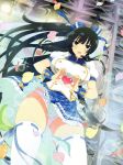  1girl black_hair bow breasts cuffs frilled_skirt frills hair_bow heart heart_hands highres hime_cut idol ikaruga_(senran_kagura) large_breasts long_hair official_art panties petals scan senran_kagura skirt stage striped striped_panties thighhighs underwear upskirt yaegashi_nan 