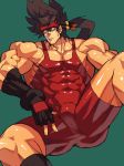  1boy ass bara bare_shoulders brown_hair bulge chest covered_abs covered_anus feet_out_of_frame fingerless_gloves gloves guilty_gear headgear highres long_hair male_focus muscle na_insoo ponytail shiny shiny_skin simple_background sitting sol_badguy solo spiked_hair sweatdrop thighs tight wrestling_outfit yellow_eyes 