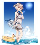  1girl absurdres animal_ears arknights bare_legs bear_ears bikini blonde_hair blue_bikini blue_sky blush breasts cloud cloudy_sky commentary cropped_shirt dated_commentary day eyebrows_visible_through_hair food food_on_face frying_pan gummy_(arknights) hair_ribbon hat highres holding holding_food holding_frying_pan ice_cream innertube karasu_btk lens_flare looking_at_viewer mini_hat ocean open_mouth outdoors red_eyes ribbon sailor_collar see-through see-through_skirt shirt short_hair skirt sky small_breasts smile solo sun swimsuit twintails wading white_shirt wristband 