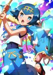  1girl absurdres bare_arms blue_eyes blue_hair blue_pants blush commentary_request covered_navel fingernails fishing_rod freckles gen_1_pokemon gen_7_pokemon gyarados hairband highres holding holding_fishing_rod lana_(pokemon) one-piece_swimsuit open_mouth pants pokemon pokemon_(creature) pokemon_(game) pokemon_sm sandals shiny shiny_hair swimsuit swimsuit_under_clothes taisa_(lovemokunae) tongue wishiwashi wishiwashi_(solo) 