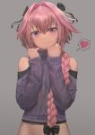  1boy absurdres aran_sweater astolfo_(fate) bangs black_bow blush bottomless bow braid closed_mouth clothing_cutout fang fang_out fate/apocrypha fate_(series) grey_background hair_between_eyes hair_bow hair_intakes heart highres long_braid long_hair long_sleeves looking_at_viewer male_focus midriff multicolored_hair otoko_no_ko pink_hair purple_eyes purple_sweater shoulder_cutout simple_background single_braid smile solo spoken_heart streaked_hair sweater turtleneck turtleneck_sweater white_hair yohan1754 