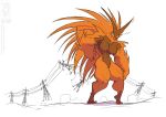  2020 anthro big_breasts breasts brown_body conditional_dnp featureless_breasts female green_eyes jollyjack kaiju macro mammal muscular muscular_anthro muscular_female orange_body powerlines quills restricted_palette solo 