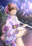  1girl absurdres aerial_fireworks brown_hair earrings festival fireworks floral_print flower hair_flower hair_ornament highres hikaru_(gevp7588) japanese_clothes jewelry kimono night night_sky obi original print_kimono sash senkou_hanabi sky sparkler summer summer_festival yellow_eyes yukata 