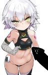  ... 1girl bandaged_arm bandages bangs bare_shoulders black_legwear black_panties blush breasts censored closed_mouth covered_nipples crop_top facial_scar fate/apocrypha fate_(series) green_eyes highres jack_the_ripper_(fate/apocrypha) looking_at_viewer navel novelty_censor panties penis scar scar_across_eye scar_on_cheek shimejinameko short_hair shoulder_tattoo simple_background slit_pupils small_breasts spoken_ellipsis tattoo thighhighs thighs underwear white_background white_hair 