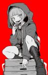  1girl :d bangs blunt_bangs boku_no_hero_academia ddari fingernails hand_up highres hood hood_up hoodie long_sleeves looking_at_viewer monochrome open_mouth red_background red_theme shoes short_hair sitting smile socks solo toga_himiko tongue tongue_out vaulting_horse 