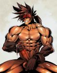  1boy abs bara brown_hair censored chest collarbone completely_nude erection guilty_gear headgear highres long_hair male_focus male_masturbation masturbation mosaic_censoring muscle na_insoo navel nipples nude penis ponytail saliva saliva_trail shiny shiny_skin simple_background sol_badguy solo spiked_hair testicle_grab thick_thighs thighs yellow_eyes 