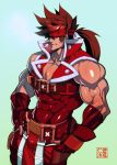  1boy alternate_costume bara bare_shoulders belt_buckle brown_hair buckle candy candy_cane chest christmas covered_abs covered_navel fingerless_gloves food gloves guilty_gear harness headgear long_hair male_focus muscle na_insoo open_clothes pelvic_curtain ponytail santa_costume shiny shiny_skin simple_background sleeveless sol_badguy solo spiked_hair tight yellow_eyes 