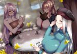  3girls alternate_costume aqua_sweater azur_lane belt black-framed_eyewear black_ribbon black_skirt blue_cardigan blue_eyes book breast_pocket breasts candy cardigan coffee_table cup falling_leaves food glasses gneisenau_(azur_lane) grey_hair hair_between_eyes hair_ribbon hat highres huge_breasts impossible_clothes impossible_shirt impossible_sweater leaf light_blush light_brown_hair lollipop long_hair looking_at_viewer low-tied_long_hair multiple_girls necktie off_shoulder ootori_subaru open_book orange_eyes outdoors pantyhose pink_hair pocket ponytail reading red-framed_eyewear red_belt red_neckwear ribbed_sweater ribbon see-through semi-rimless_eyewear shadow shangri-la_(azur_lane) shangri-la_(the_collector&#039;s_paradise)_(azur_lane) shirt skirt snowflake_pin striped striped_neckwear sweater swiftsure_(azur_lane) swiftsure_(secluded_cyclamen)_(azur_lane) tree turtleneck turtleneck_sweater under-rim_eyewear very_long_hair white_shirt yellow_eyes 