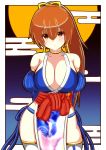  1girl absurdres arm_guards bangs bare_shoulders blue_kimono blush breasts brown_eyes brown_hair cleavage collarbone commentary_request dead_or_alive dead_or_alive_6 detached_sleeves eyebrows_visible_through_hair hair_ribbon high_ponytail highres japanese_clothes kasumi_(doa) kimono large_breasts long_hair long_sleeves looking_at_viewer orange_hair outdoors pagoda pelvic_curtain revealing_clothes ribbon sash solo standing tanikan0120 thighhighs white_legwear yellow_ribbon 