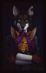  2015 anthro brown_body brown_fur digital_media_(artwork) duo felid feline fur green_eyes hair lynjox lynx lynxyjones mammal purple_hair 