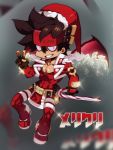  1boy belt_buckle blurry blurry_background brown_hair buckle candy candy_cane chest chibi christmas covered_abs demon_wings fingerless_gloves food full_body gloves guilty_gear hat headgear male_focus muscle na_insoo open_clothes pelvic_curtain santa_costume santa_hat shiny shiny_skin simple_background sol_badguy solo spiked_hair tight v wings yellow_eyes 