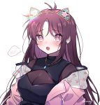  1girl alternate_hairstyle atelier_live blush breasts cleavage embarrassed english_commentary fang highres himey himey_(vtuber) long_hair looking_at_viewer open_mouth purple_eyes purple_hair solo 