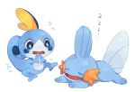  blue_eyes closed_eyes commentary_request drooling gen_3_pokemon gen_8_pokemon hideko_(l33l3b) highres looking_at_another lying mudkip no_humans on_stomach open_mouth pokemon pokemon_(creature) sleeping sobble sweat tail tongue zzz 