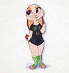  2020 anthro blue_eyes bottomwear buckteeth clothed clothing ears_down english_text female full-length_portrait fully_clothed fur gloves_(marking) hi_res lagomorph leporid mammal markings pivoted_ears portrait rabbit ribbontail_(character) ribbontini shirt shorts signature simple_background smile solo standing t-shirt teeth text toeless_footwear topwear white_background 