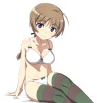  1girl ahoge arm_support bangs bed_sheet blue_eyes bow bow_bra bow_panties bra braid breasts brown_hair brown_legwear cleavage closed_mouth commentary crotch_seam eyebrows_visible_through_hair green_legwear green_ribbon hair_ribbon hair_tie leaning_back looking_at_viewer lynette_bishop medium_breasts multicolored multicolored_stripes nanashino navel on_bed panties ribbon sidelocks simple_background single_braid sitting smile solo strike_witches striped striped_legwear underwear underwear_only white_background white_bra white_panties world_witches_series 