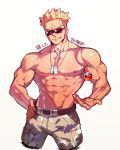  1boy abs bara bare_arms belt blonde_hair blue_eyes camouflage camouflage_pants character_name collarbone dog_tags grey_background hand_on_hip highres male_focus muscle na_insoo pants poke_ball poke_ball_(basic) pokemon pokemon_(game) pokemon_hgss shiny shiny_skin shirtless sketch smirk solo sunglasses surge_(pokemon) teeth 