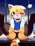  3:4 aggressive_retsuko ailurid ancesra blush camera_view clothing female fur genitals hi_res leggings legs_up legwear mammal office_lady panties presenting pussy red_panda retsuko sanrio semi-anthro shy sitting solo underwear yellow_body yellow_fur 