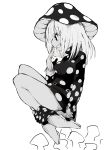  1girl boku_no_hero_academia covering_mouth ddari dress from_side gloves greyscale hand_over_own_mouth highres komori_kinoko long_sleeves medium_hair monochrome mushroom_on_head polka_dot polka_dot_dress short_dress simple_background smile solo white_background 