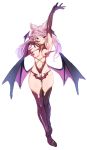  1girl absurdres animal_ears areolae arm_up armpits ass_visible_through_thighs bangs black_gloves black_legwear braid breasts demon_girl detached_collar elbow_gloves erune fraux gloves granblue_fantasy harigane_shinshi head_wings highres long_hair looking_at_viewer low_wings navel red_eyes revealing_clothes silver_hair small_breasts solo strapless succubus swept_bangs thighhighs white_background wings 