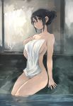  1girl bangs black_eyes black_hair breasts commentary covering hand_on_own_chest looking_at_viewer matsumoto_noriyuki medium_breasts naked_towel nude onsen original parted_lips rock short_hair short_ponytail sidelocks sitting soaking_feet solo steam towel water wet white_towel 