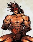  1boy abs bara brown_hair censored chest collarbone completely_nude cum ejaculation erection guilty_gear headgear highres long_hair male_focus male_masturbation masturbation mosaic_censoring muscle na_insoo navel nipples nude penis ponytail saliva saliva_trail shiny shiny_skin simple_background sol_badguy solo spiked_hair sweat testicle_grab thick_thighs thighs tongue tongue_out yellow_eyes 