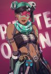  1girl 2gou :p alternate_costume alternate_hair_color apex_legends arms_at_sides bandana bare_shoulders breasts brown_eyes brown_gloves brown_lips brown_lipstick commentary_request dark_skin double_bun earrings eyelashes facepaint gloves green_hair green_scarf hair_ornament highres jewelry lifeline_(apex_legends) lips lipstick looking_at_viewer makeup navel nose pirate_queen_lifeline reclining scarf short_hair shoulder_tattoo skull_hair_ornament small_breasts solo stomach strapless suspenders tattoo tongue tongue_out tubetop 