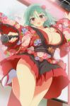  1girl bashou_(senran_kagura) breasts cleavage floral_print flower green_hair hair_flower hair_ornament highres idol japanese_clothes jumping kimono large_breasts microphone miniskirt official_art sandals scan screen senran_kagura skirt socks stage thighs yaegashi_nan 