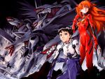  1boy 1girl highres ikari_shinji mass_production_eva mecha neon_genesis_evangelion official_art plugsuit sadamoto_yoshiyuki serious souryuu_asuka_langley 