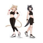  2girls :d animal_ear_fluff animal_ears bangs bare_shoulders black_hair black_legwear black_pants black_shorts breasts brown_eyes brown_hair cat_ears cat_girl cat_tail cellphone closed_mouth commentary_request crop_top deel_(rkeg) eyebrows_visible_through_hair hair_between_eyes hand_on_hip hand_up highres holding holding_phone leggings lisa_(deel) looking_at_viewer multiple_girls navel open_mouth original pants phone ramn red_eyes shadow shoes short_hair shorts small_breasts smile socks standing tail white_background white_footwear 