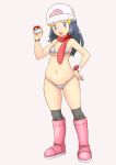  1girl :d ass_visible_through_thighs beanie bikini black_legwear blue_eyes blue_hair boots bracelet breasts dawn_(pokemon) full_body grey_background grey_bikini groin hair_ornament hairclip hand_on_hip hat highres holding holding_poke_ball jewelry knee_boots long_hair looking_at_viewer micro_bikini navel open_mouth over-kneehighs pink_footwear poke_ball poke_ball_(basic) poke_ball_symbol pokemon pokemon_(game) pokemon_dppt print_headwear red_scarf scarf simple_background small_breasts smile solo standing string_bikini swimsuit thighhighs tof watch white_headwear wristwatch 