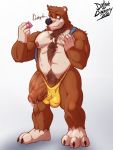  2020 3_toes absurd_res anthro backpack balls banjo-kazooie banjo_(banjo-kazooie) blue_eyes bodily_fluids brown_balls brown_body brown_fur brown_penis chest_tuft claws clothed clothing condom darksideofdiscovery dialogue dripping embarrassed foreskin fur genital_fluids genitals hi_res holding_condom holding_object humanoid_genitalia humanoid_penis jewelry looking_aside male mammal necklace nipples penis penis_through_leghole poking_out precum precum_drip pubes rareware sexual_barrier_device solo standing teeth toe_claws toes tooth_necklace topless tuft uncut underwear ursid vein video_games wrapped_condom yellow_clothing yellow_underwear 