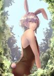  1boy animal_ears asagiri0700 ass bare_arms blue_sky bunny_ears bunny_tail closed_mouth commentary_request crossdressing earrings eyebrows_visible_through_hair forest green_eyes highres holostars jewelry leaf light_brown_hair male_focus male_playboy_bunny nature necktie off_shoulder outdoors pants red_neckwear rikka_(holostars) short_hair sky smile solo tail virtual_youtuber 