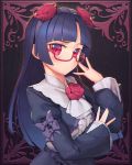  adjusting_eyewear black_hair black_skirt blush bow collar dark_background frills glasses gokou_ruri gothic_lolita hime_cut lolita_fashion mole mole_under_eye ore_no_imouto_ga_konna_ni_kawaii_wake_ga_nai red-framed_eyewear red_eyes rose_hair_ornament rotix skirt white_collar 