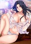  1girl bed black_eyes black_hair blush breasts cleavage crotch_seam dress_shirt highres huge_breasts keizoku_school_uniform kidou_keisatsu_patlabor knee_up lace-trimmed_panties lace_trim lamp leaning_to_the_side legs lips long_hair long_sleeves nagumo_shinobu navel nipples no_pants on_bed open_clothes open_shirt opened_by_self oyaman panties partially_unbuttoned pussy school_uniform see-through shirt sitting solo twitter_username underwear white_panties white_shirt wing_collar 